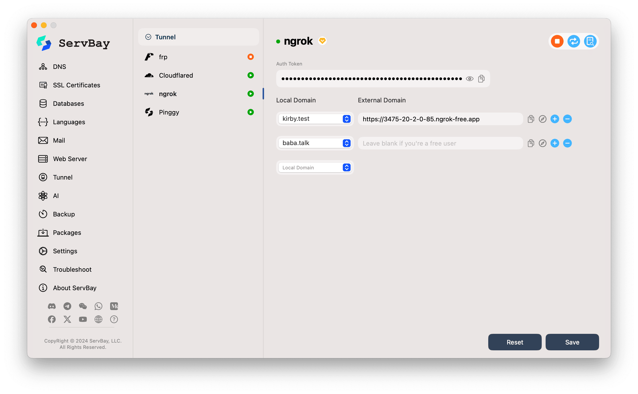 Interfaz de configuración de Ngrok Tunnel en ServBay