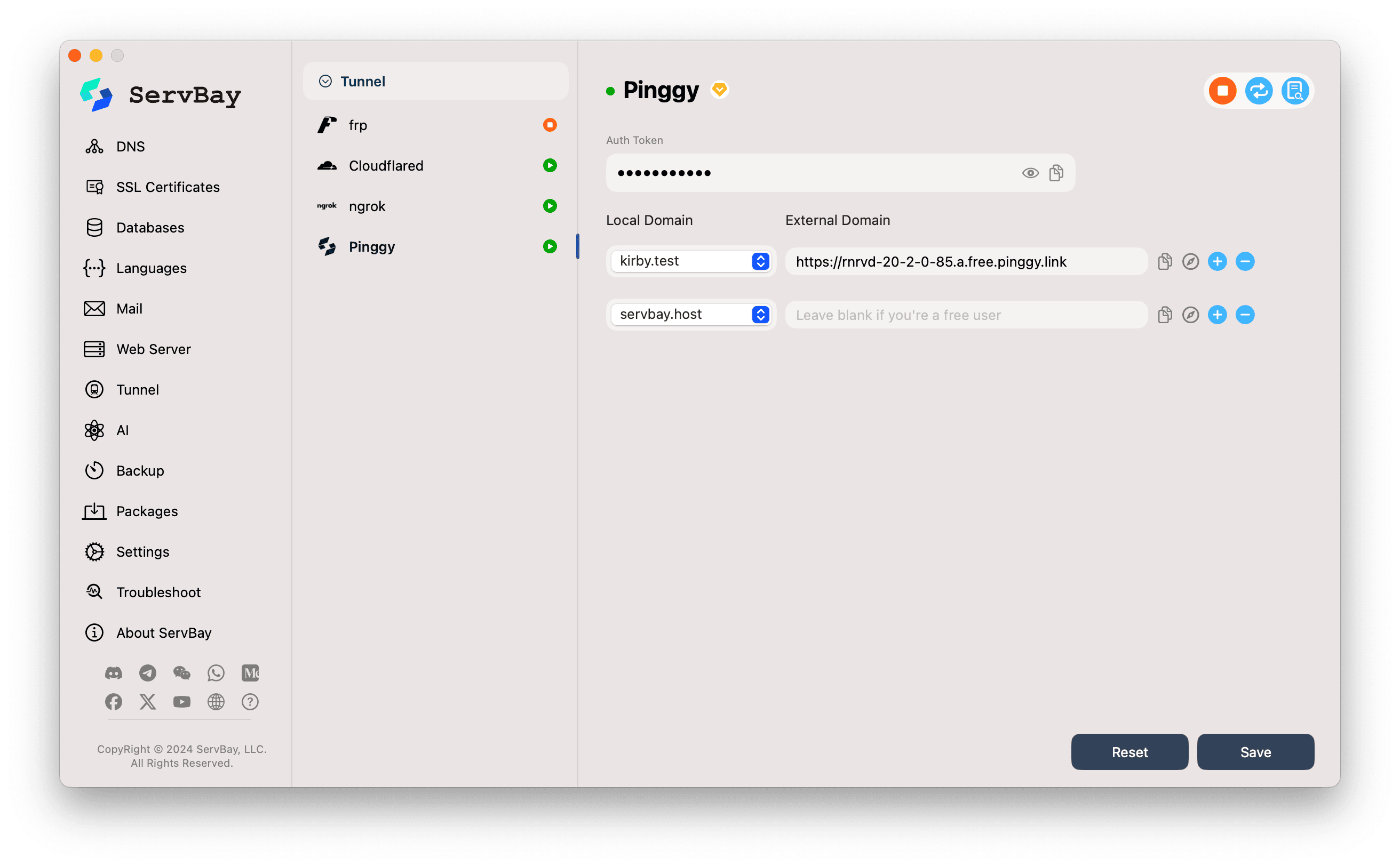 ServBay Tunnel Pinggy Configuration Interface