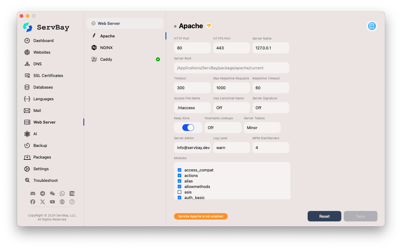 ServBay Apache Konfigurationsoberfläche