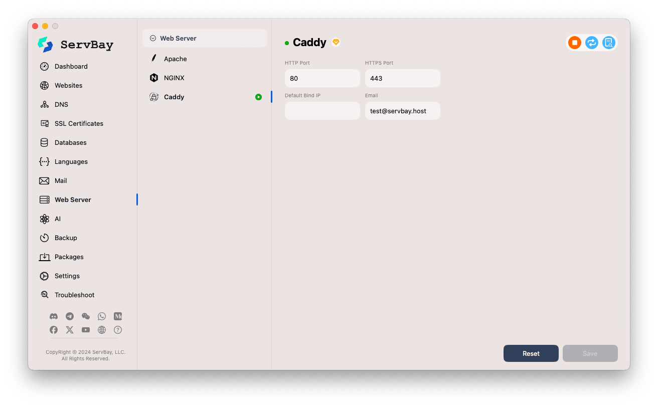 Interface de configuração do Caddy no ServBay