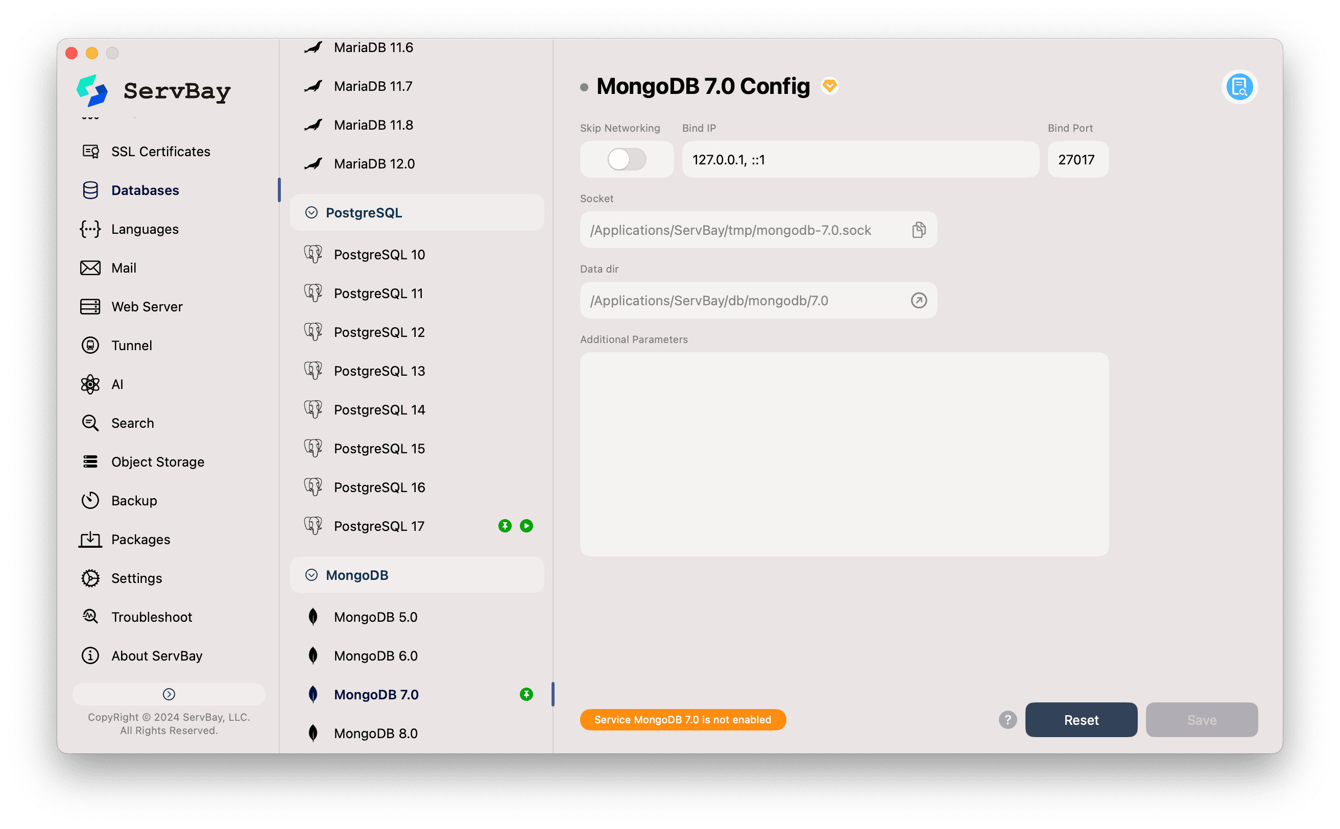 ServBay MongoDB 설정 화면