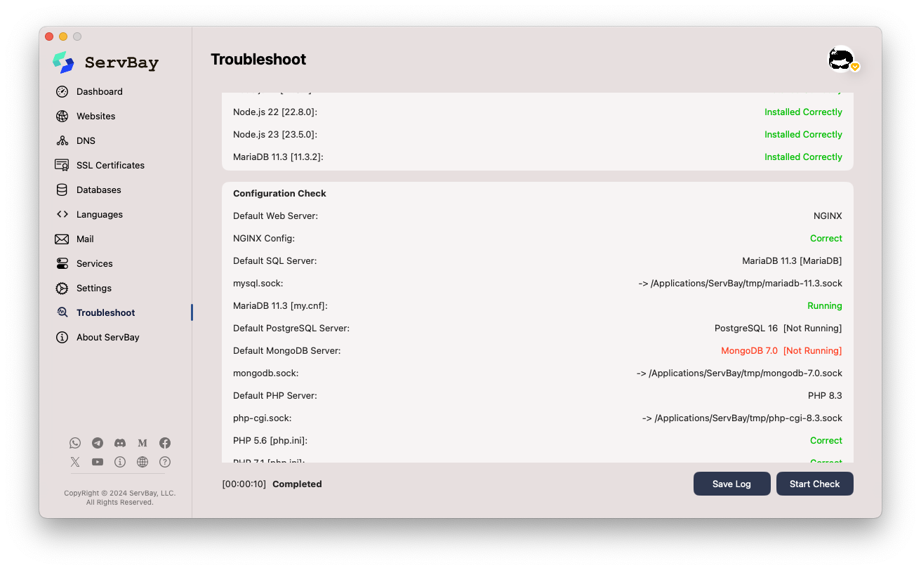 Using ServBay's troubleshooting feature