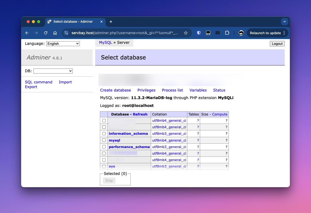 Datenbank mit Adminer verwalten