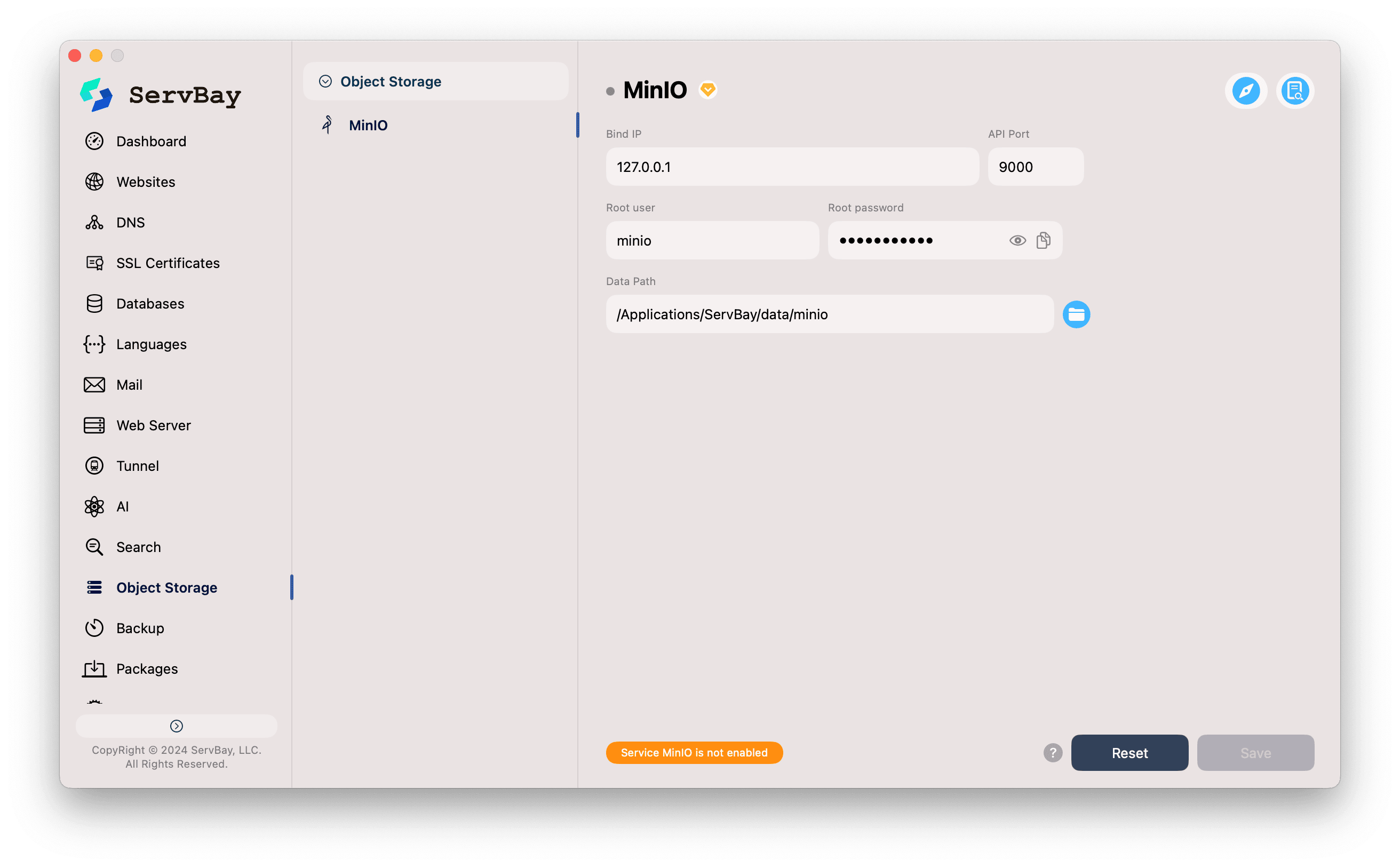 ServBay MinIO configuration interface