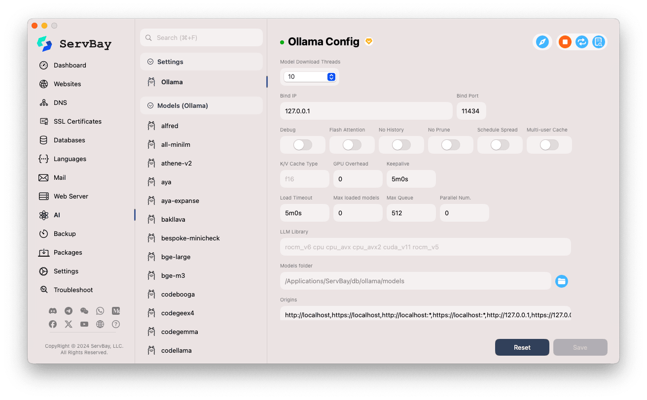 ServBay Settings - Ollama Config