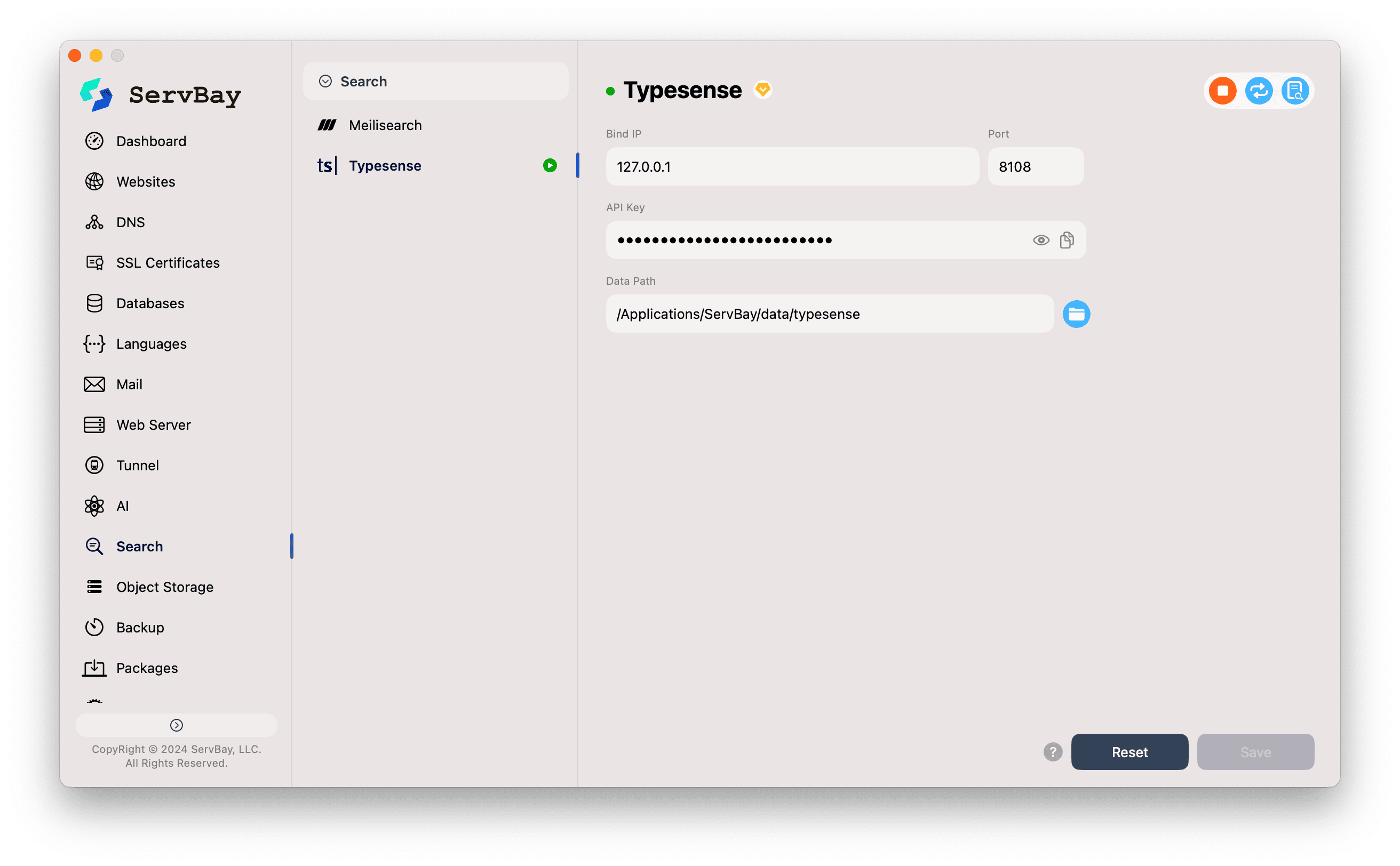 Giao diện cấu hình Typesense trên ServBay